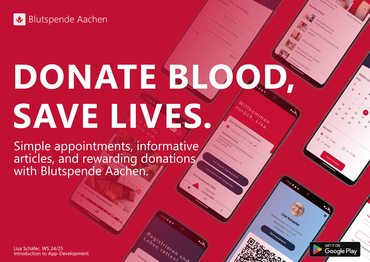 Poster for my mobile app with the title 'Donate Blood Save Lives'